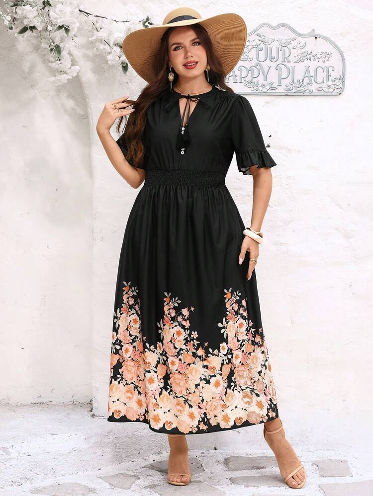 Plus Size Women's Summer Casual Vacation  Elegant Floral Print Black Long Dress,Summer Vacation,Casual Holiday Style,Summer Outfits For Women ,Vacation Outfits Women ,Holiday Outfits For Women,Going Out Outfits,New Clothes,Simple And Fashionable For Everyday Wear,Suitable For Summer, Vacation, Daily Wear, Festival Outfits For Women,Country Concert Outfit,Beach Outfits For Women,Western Style,Flowy Dress,Gifts For Mother,Boho Dress
