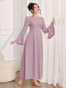 Al Najma Women's Solid Color Round Neck Flare Sleeve Elegant Arabic Style Dress - Lilac Purple - View 7