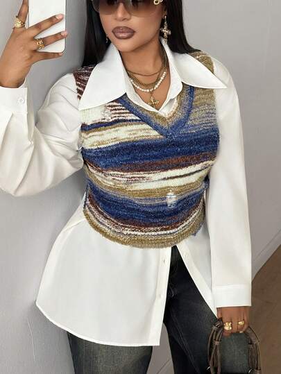 Maweii Plus Size Women's Sweater ,Women's V-Neck Sleeveless Distressed Gradient Color Casual Everyday Chic Street Style Knit Vest,Spring And Summer, Women's Clothing, Women's Knitted Vests For Going Out, Vacation, Sexy, Elegant