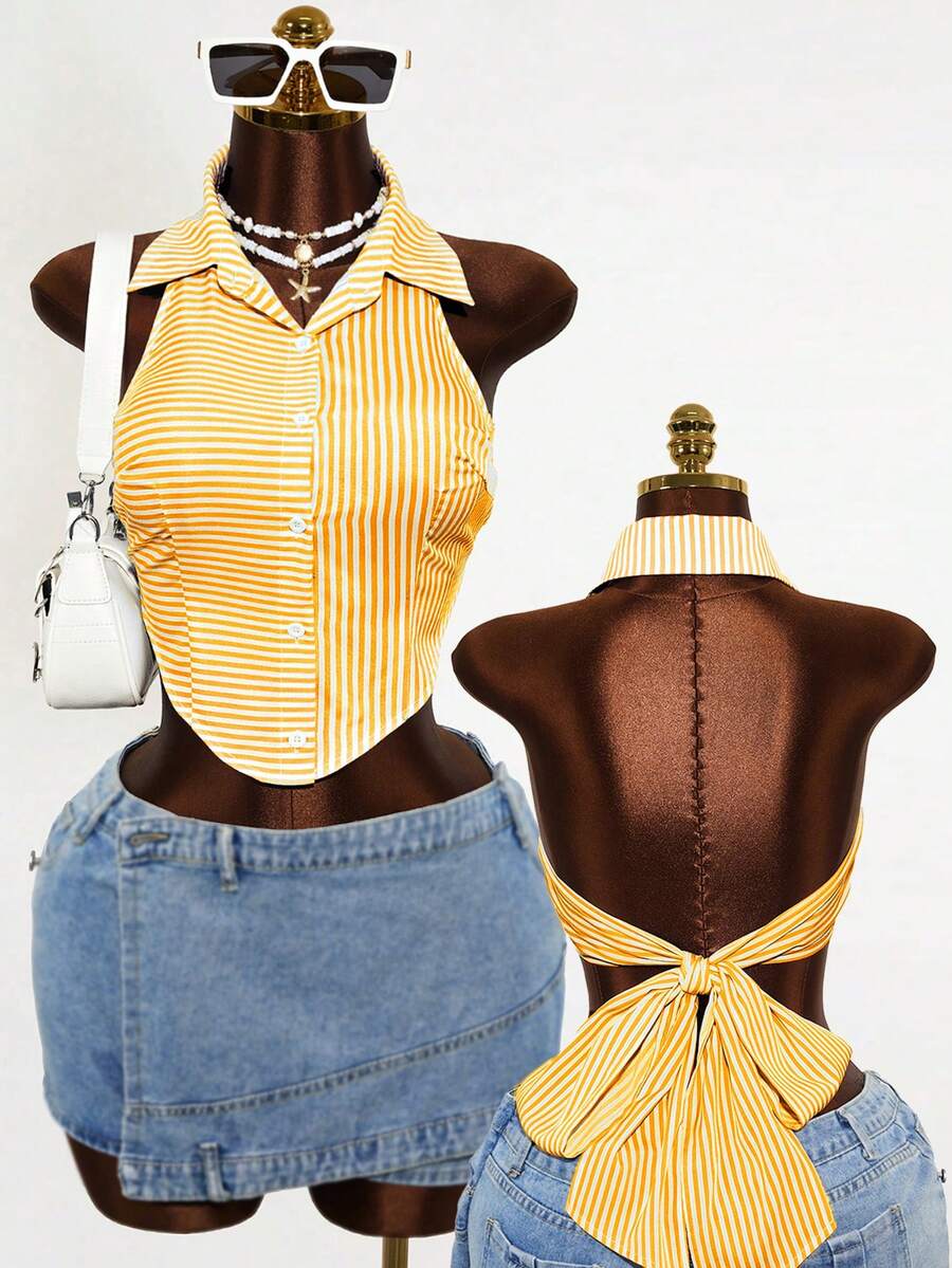 Mistrie Spring And Summer Back Tie Bow-Knot Casual Design Sense Shirt - Yellow - View 1