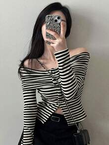 DAZY Women Stripe Off-Shoulder Fitted Long Sleeve T-Shirt, Spring/Summer,Fall Clothes Cute Tops - Black and White - View 2