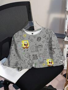 SpongeBob SquarePants | SHEIN Women's Round Neck All-Over Print Casual Everyday T-Shirt - White - View 1