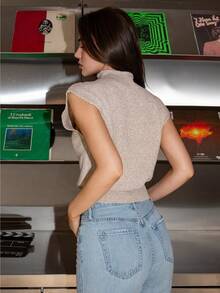 Bris Aura 优雅高领宽松休闲百搭无袖针织毛衣背心外出上衣女秋冬上学上衣 - 杏色 - 查看 3