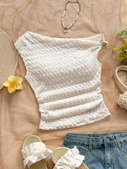 Soleia Vacationdeep-V Asymmetric Shoulder Metallic Ruched Fitted Blouse, Suitable For Party, Vacation, Music Festival, Bohemian, Holiday Date, Afternoon Tea