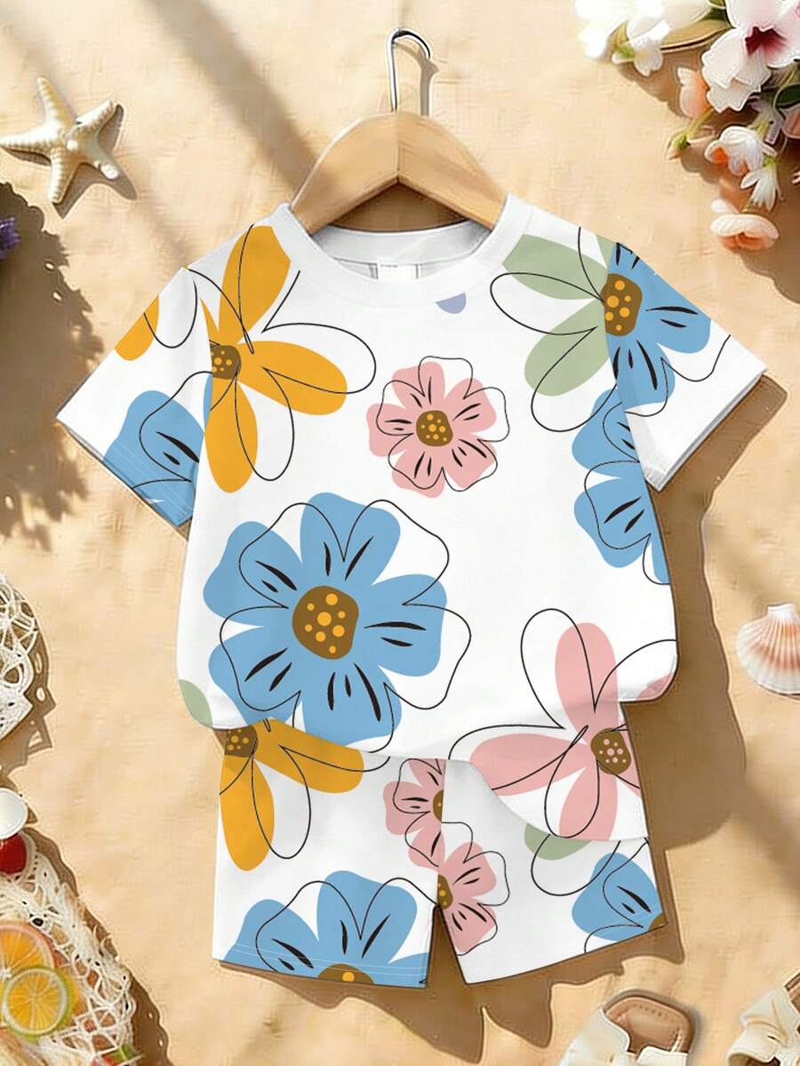 Bộ đồ bé gái gồm áo thun ngắn tay và quần short in họa tiết hoa, kiểu dáng ngọt ngào và dễ thương, thích hợp cho các buổi đi chơi, kỳ nghỉ và trang phục thường ngày mùa hè. - Nhiều màu - Xem 1