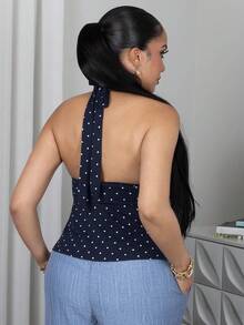 Melissa Matos 露背深 V 领收腰 A 字形露背波尔卡圆点吊带背心 - 藏蓝色 - 查看 4