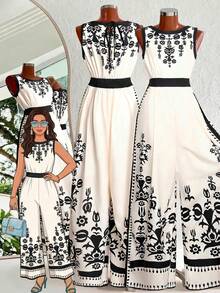SHEIN Clasi Bộ jumpsuit nữ không tay, cổ tròn, xoắn phía trước, in họa tiết toàn thân, thích hợp cho phong cách thường ngày và đi nghỉ mát. - Nhiều màu - Xem 5