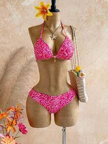 Soleia Summer Outfit For Women Pink Bikini Women's Summer Vacation Beach All-Over Print Halter Bikini Set - Multicolor - View 5