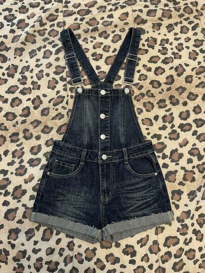 Elamini Fashionable Casual Vintage Washed Denim Bib Shorts