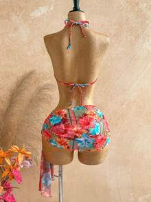 Soleia Women's Summer Beach Floral & Leopard Print Halter Tie Sexy Bikini Set With Coverup And Skirt Vacation Bathing Suit - Multicolor - View 3