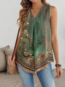 EMERY ROSE Áo thun cổ chữ V không tay cỡ lớn, in họa tiết hoa cổ điển, thích hợp cho mùa hè, lễ hội âm nhạc, tiệc tùng, kỳ nghỉ. - Nhiều màu - Xem 4