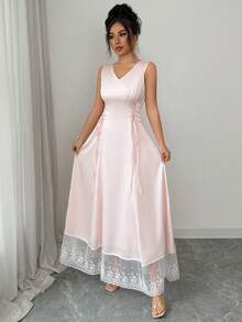 Elenzga 女士优雅时尚通勤休闲舒适迷人复古简约高端浪漫假日宫廷淑女温柔翻领褶皱开襟荷叶边拼接水晶纽扣蝴蝶结装饰无袖吊带缎带腰带A字下摆拼接蕾丝边纯色缎面连衣裙 - 粉色 - 查看 6