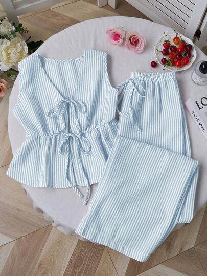 Sweetra European And American Summer New Pink Striped Lace-Up Minimalist Versatile Straight Leg Pants, Women 2 Pieces Set