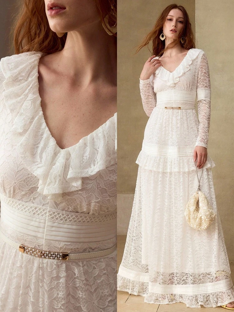 WOMEN'S LACE OVERLAY ROMANTIC ELEGANT RUFFLE TRIM RHINESTONE BELTED MAXI DRESS
