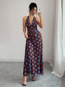 Elenzga Women's V-Neck Ruched Halter Dress, Fashionable French Polka Dot Long Vacation Dress - Brown - View 1