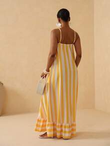 Vesra Women's Vacation Casual Contrast Color Striped Ruffle Hem Dress - Yellow - View 3