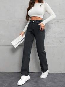 SHEIN Women's Casual Everyday Pockets Button Jeans - Medium Wash - View 4