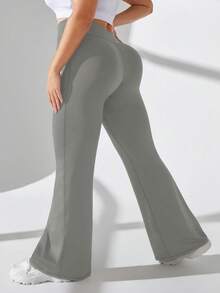 SHEIN Rhythm Era Plus Size Solid Color High Waist Flare Leg Sweatpants - Grey - View 2