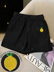 Resyla Plus Size Summer Casual Lemon Embroidery Shorts - Black - View 1