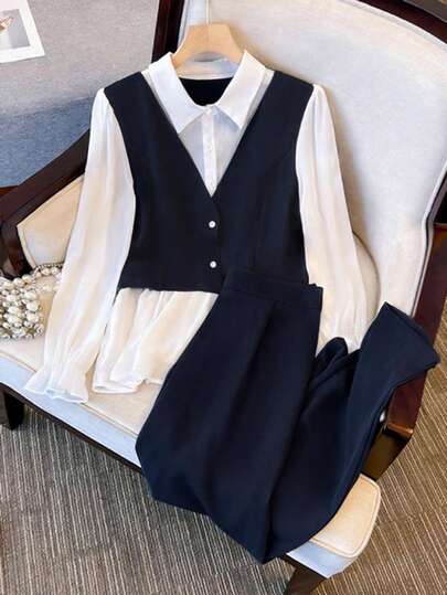 Franclia Women's New Turndown Collar 2 In 1 Shirt + Wide Leg Pants 2 Pieces Set, Suitable For Office Commute Chic Outfit