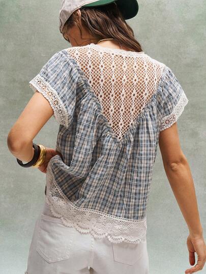 Bohemela Casual Woven Patchwork V-Neck Short Sleeve Loose Blouse For Women