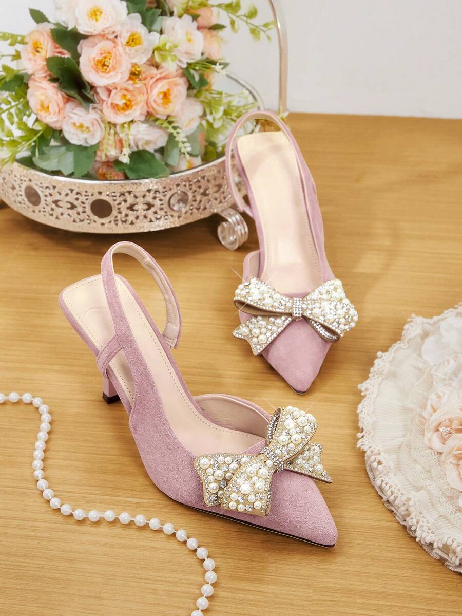 CUCCOO HITCHD Women's Pointed Toe High Heel Shoes, Spring/Summer New Arrivals, Faux Suede Fabric, Rhinestone & Pearl Bow Decor, Light Pink Color, Comfortable & Elegant, Suitable For Weddings, Parties, Formal Occasions - Barely Pink - View 1