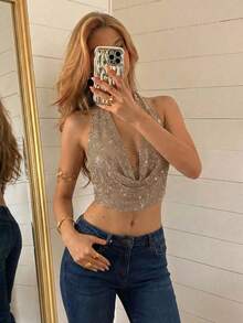 SHEIN DivaQ Women's Deep V-Neck Party Top, Rhinestone Embellished Shiny, Suitable For Music Festival, Carnival Party - Gold - View 7