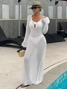 Livesso Áo khoác ngoài dài tay ôm sát người, cổ chữ V sâu, hở lưng, chất liệu vải có họa tiết, hơi xuyên thấu, dành cho nữ, thích hợp mặc đi biển hoặc mặc ngoài đồ bơi. - Màu be - Xem 8