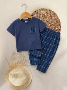 SHEIN Dozemod 幼兒男童格紋口袋 T 恤與短褲 2 件套，海軍藍夏季休閒短袖睡衣，竹纖維睡衣服飾 - 彩色 - 查看 11
