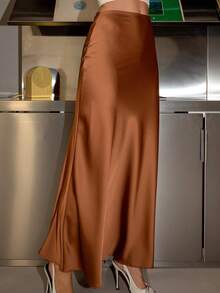 Bris Aura 女士缎面及地鱼尾裙，百搭日常棕色半身裙 - 鏽棕色 - 查看 3