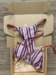 Elavelle Bộ bikini nữ gồm dây chuyền in họa tiết ngẫu nhiên, trang sức kim loại, thích hợp cho mùa xuân/hè. - Nhiều màu - Xem 3