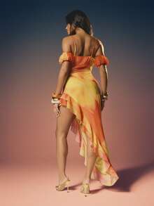 MISSGUIDED Womens Gradient Off Shoulder Asymmetric Hem Ruffle Maxi Dress Summer Evening Party Flowy Chiffon Style - Multicolor - View 3