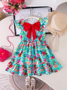 Elladie kids Young Girls Sleeveless Flounce Green Floral Print Short Dress With Big Bow Back Ruffle Hem Round Neck Vacation Style Squishy Summer Outfits - Green - View 2