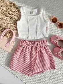 Baby Girls Summer Red And White Stripe Cute Vacation Sleeveless Top&Striped Wrap Skirt Shorts Set,U-Neck Ribbed Tie-Up Curved Hem Knit Holiday Kids - Pink - View 6