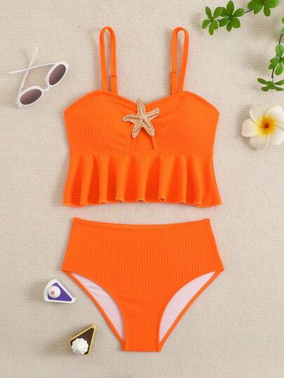 SHEIN Tween Girls Bikini Sets, 2 Pieces Knit Fabric Spaghetti Strap Swimsuit, Fashionable Casual Elegant Swimwear For Tween GirlsSuitable For Swimming, Summer Vacation, Beach, Pool