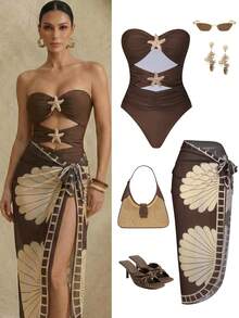 Swim Oasis 女士性感镂空拼接彩色海洋金属装饰连体泳衣，搭配渐变色网纱裙沙滩套装，春夏款 - 咖啡棕 - 查看 3