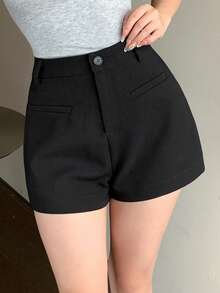 DAZY Pantalones cortos de mujer de negocios casuales negros, diseño minimalista con bolsillos, adecuados para la oficina y el transporte en primavera y verano - Negro - Ver 9
