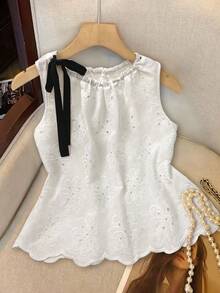 GlowEve Casual Floral Embroidered Sleeveless Tie-Front Shirt, Summer - White - View 1
