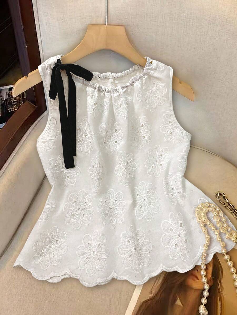 GlowEve Casual Floral Embroidered Sleeveless Tie-Front Shirt, Summer - White - View 1