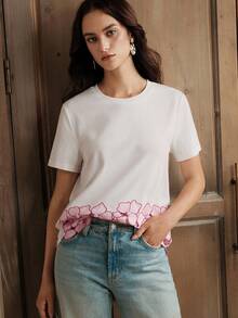 Anewsta Women's Heavy Embroidery & Beaded T-Shirt - White - View 4