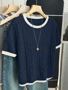 Franclia New Arrival Casual Loose Korean Style Round Neck Cable Knit Contrast Color Pullover Sweater For Women, Autumn/Spring - Royal Blue - View 5
