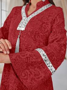 Al Najma Abito casual da donna con colletto alto, design con frange e paillettes, adatto per uscite e feste - Rosso - Visualizzare 3