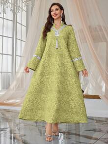 Al Najma Sequin Ribbon Tassel Jacquard Weave Dress - Green - View 6