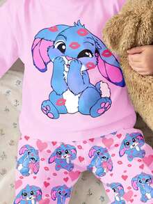 SHEIN Kawaii Pink Cute Cartoon Blue Rabbit Stitch Heart Pattern, Ballet Style, Baby Girls Loose Fit Pajama Set, Sweet Girl, Cute, Cozy Styles, 2026 New Style, Vacay Vibes, Easy Comfort, Y2K, Toddler Girl Clothes, Girls Outfit Sets, Kids Clothes Girls - Multicolor - View 6