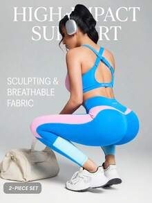 Innovista Bộ đồ đạp xe nữ gồm áo tank top hở lưng phối lưới tương phản màu sắc và quần legging cạp cao. - Màu xanh lam - Xem 4