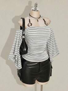 SHEIN ICON 大码女式 Y2K 复古条纹露肩喇叭袖吊带时尚 T 恤，前卫街头风，休闲喇叭袖露肩条纹针织上衣 - 彩色 - 查看 5
