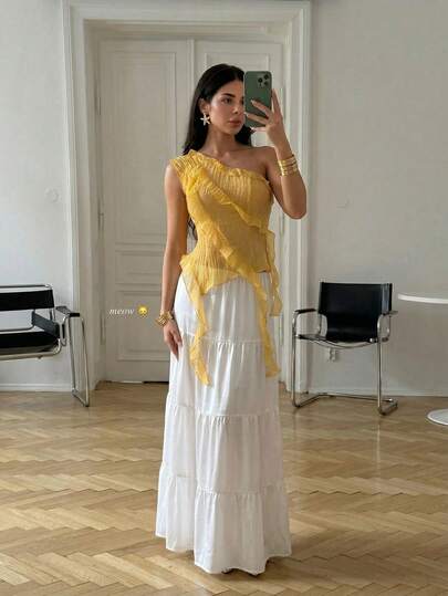 Firerie Women's Asymmetric Ruffle Trim Sleeveless Top , Romantic Jellyfish Hem Irregular Top, Suitable For Date Night, Boho Beach Vacation, Country Music Festival, Autumn, Cute Top, Fairy Style, Winter, Country Music Festival, Resort Top, Spring Summer , Elegant, Commute, Date, Party, Music Festival, Wedding Season, Graduation, Performance, Work, Back To School, Vacation, Bohemian, Beach