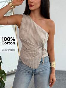 Aloruh Áo sơ mi nữ ngắn tay buộc dây, kiểu dáng tối giản, màu mơ sọc, xếp ly, thích hợp cho mùa xuân/hè. - Màu be - Xem 7