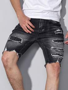 Manfinity LEGND Pantalones cortos vaqueros de hombre con parches desgastados, estilo slim fit de calle - Negro - Ver 5
