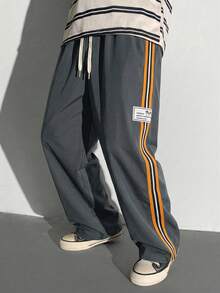 Kids/Tween Boys' Back-To-School Casual Straight Loose Pants,Comfortable Orange Webbing Letter Label Woven Streetwear,Summer School Daily Sports Pants - Grey - View 6